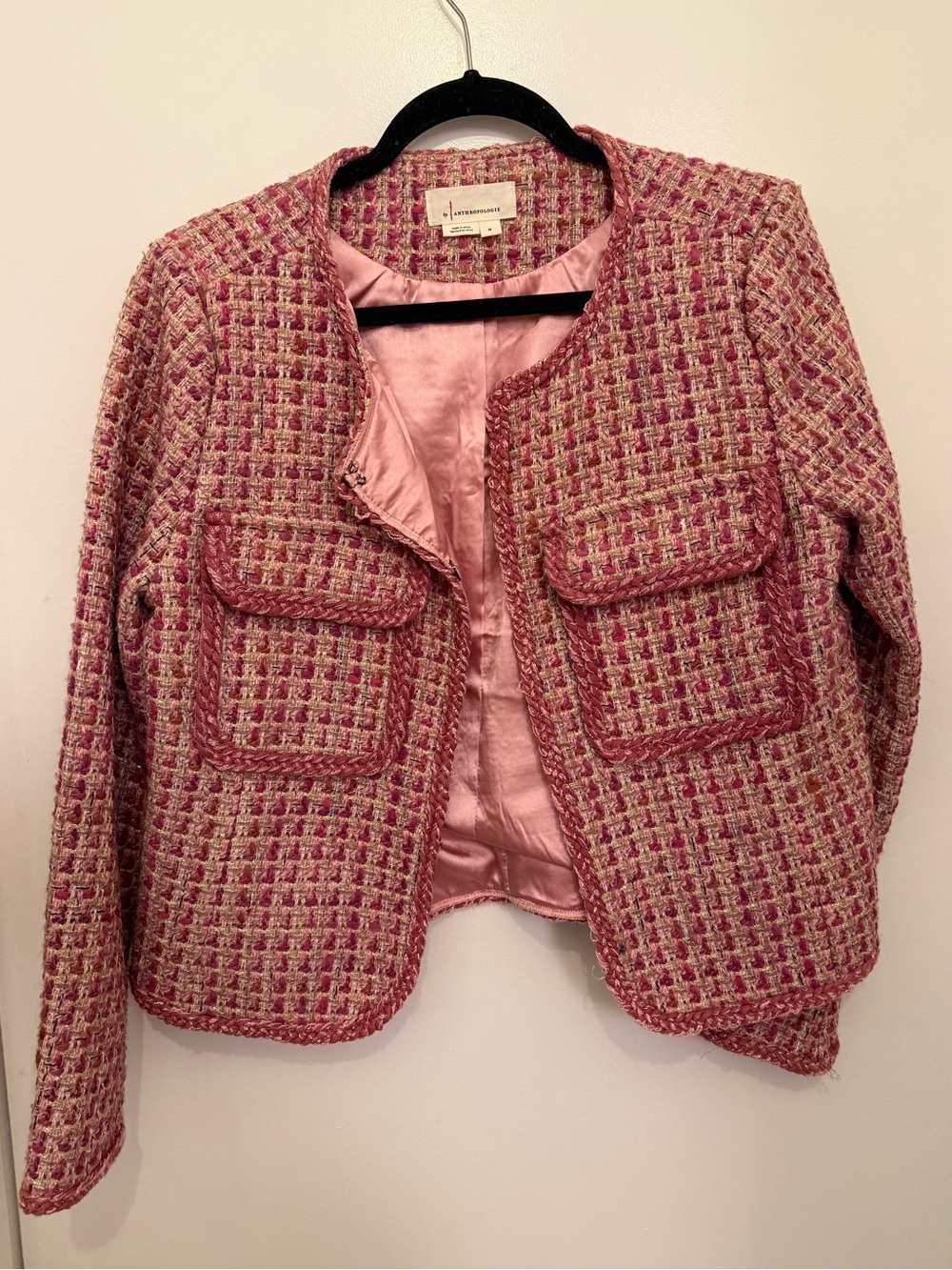 Anthropologie Pink & Cream Tweed Pocket Blazer